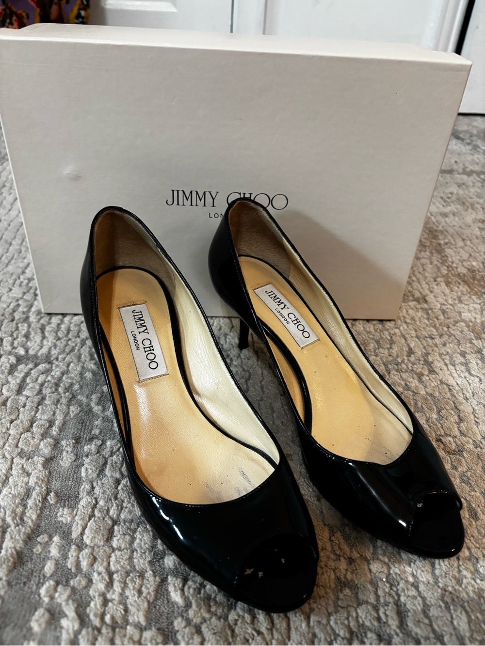 Jimmy Choo Black Patent Peep-Toe Pumps Womens 37.5